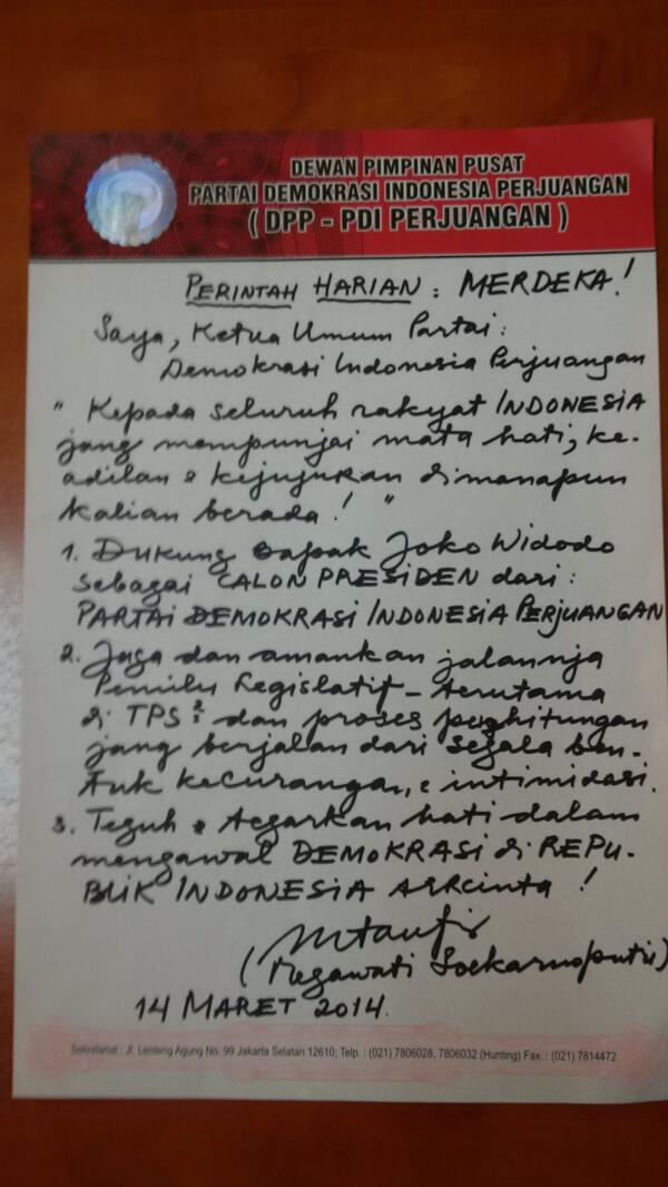 Lihat, Surat Mandat Megawati untuk Jokowi