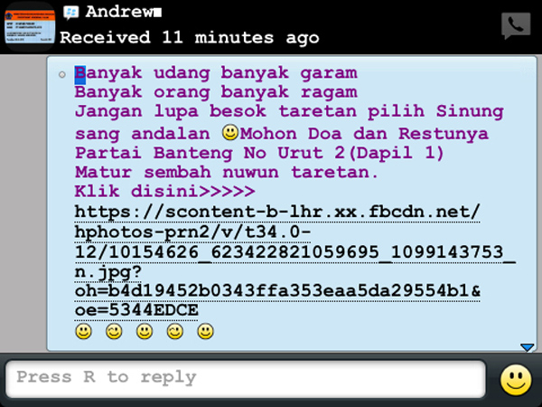 H-1 Pemilu, Beredar Broadcast Message Dukung Caleg