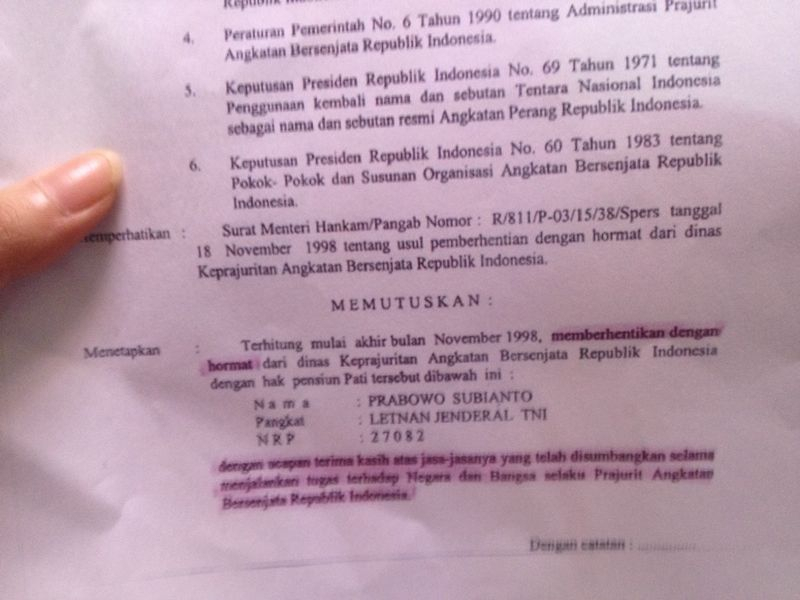 'Pemberhentian Prabowo Secara Hormat Direkomendasikan Wiranto'
