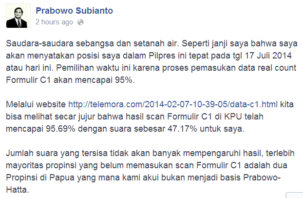 Prabowo Ucapkan Selamat ke Jokowi Jadi Presiden?