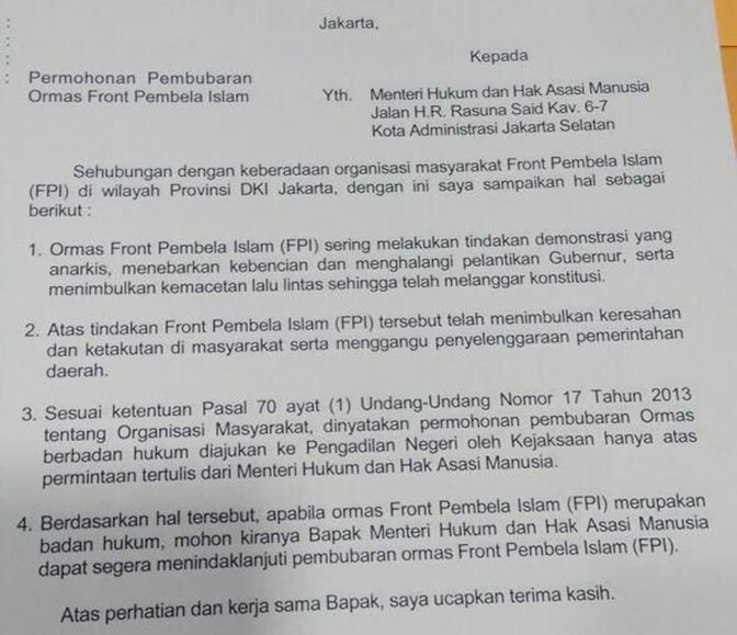 Ini Surat Ahok Terkait Pembubaran FPI