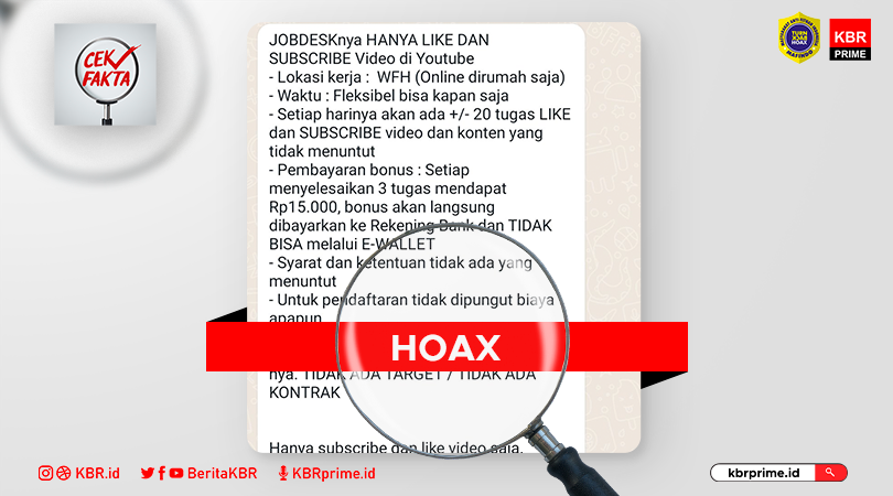 Cek Fakta: [PENIPUAN] Lowongan Freelance Like dan Subscribe YouTube