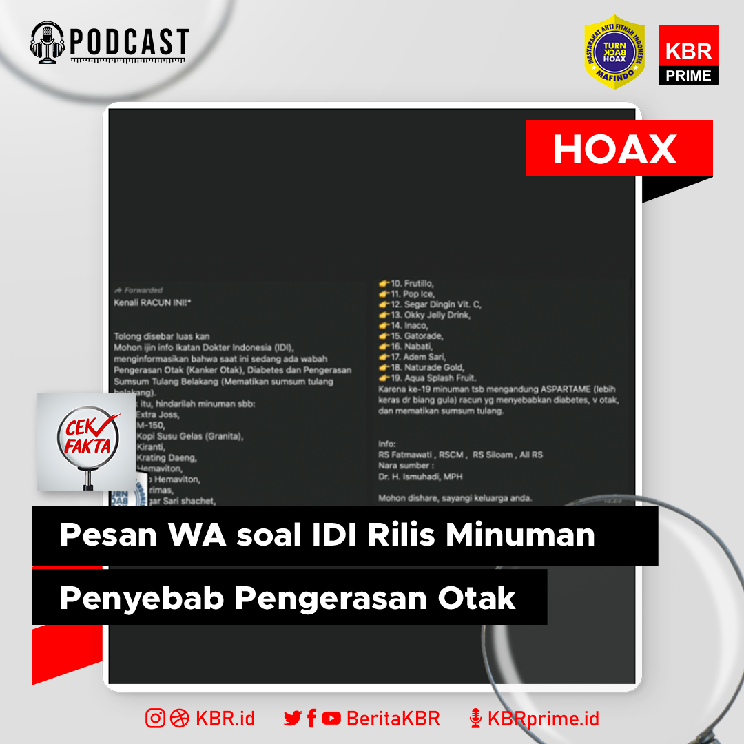 Cek Fakta: Pesan WA soal IDI Rilis 19 Minuman Mengandung Aspartame Penyebab Pengerasan Otak