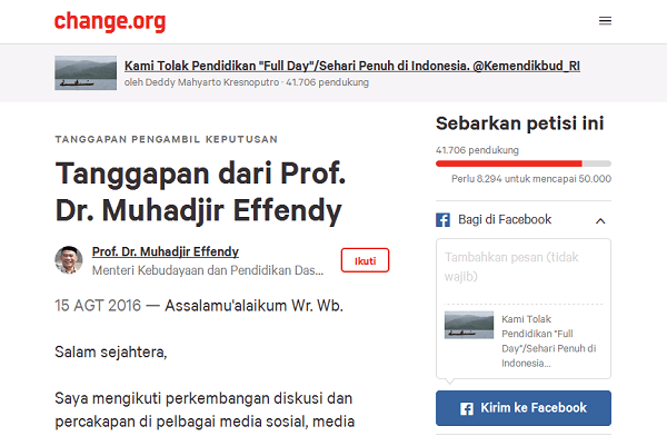 Diprotes soal Full Day School, Ini Surat Jawaban Mendikbud ke Change.Org