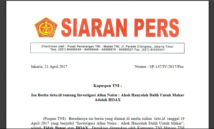Dewan Pers: TNI Jangan Tergesa Labeli Berita Tirto.id sebagai Hoax