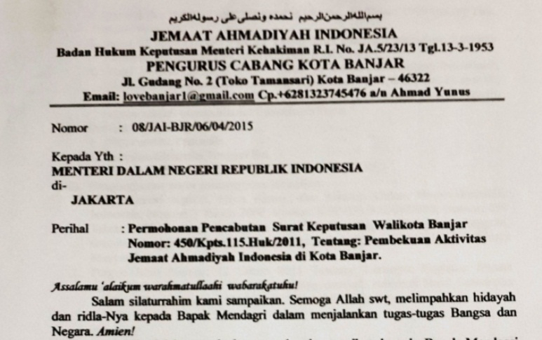Surati Mendagri, Ahmadiyah Banjar Minta Pencabutan SK Wali Kota