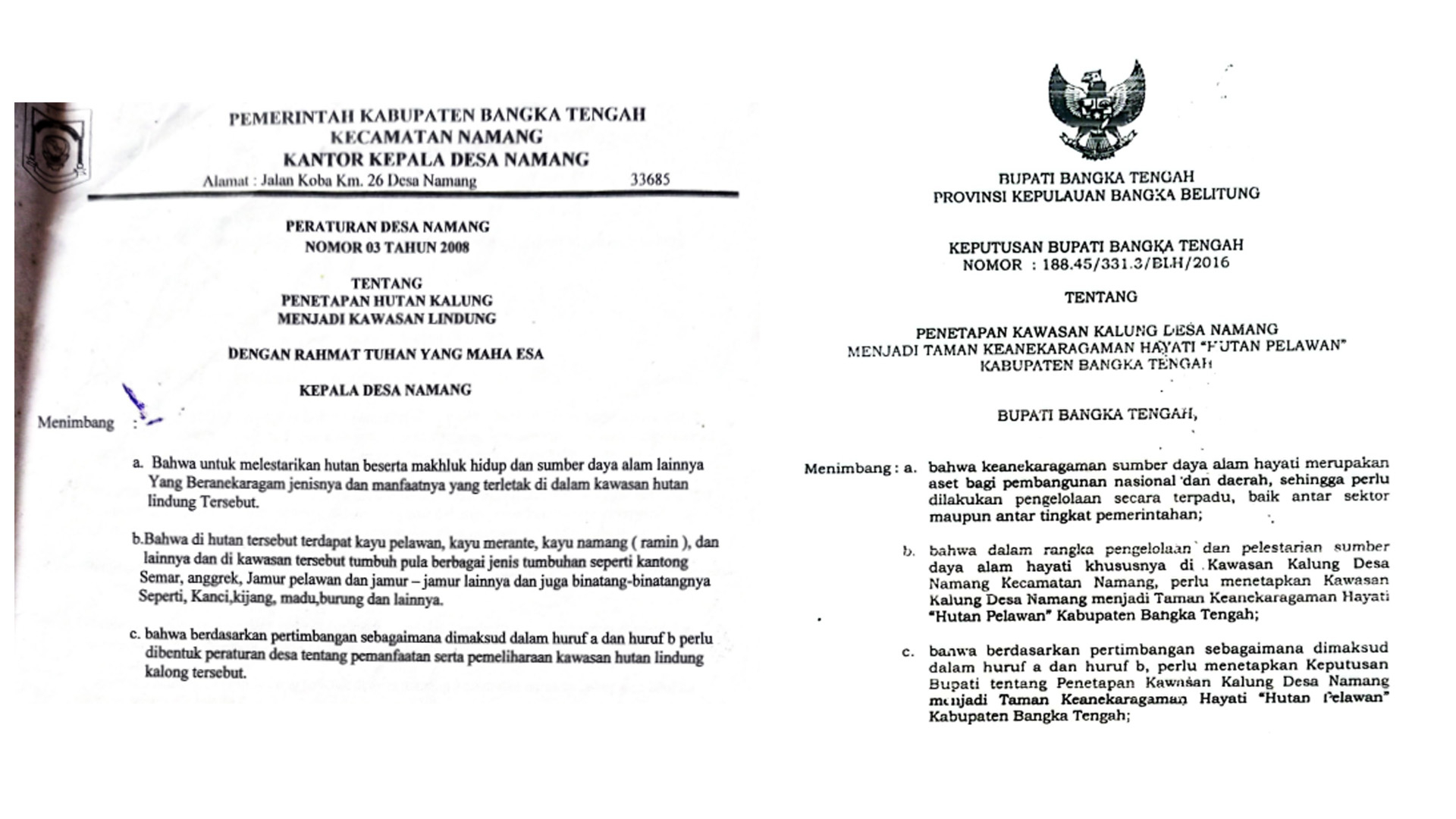 Peraturan Desa (Perdes) yang menyatakan Hutan Pelawan sebagai kawasan lindung.