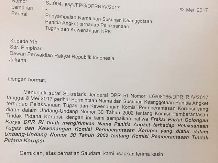 Tolak Bahas Hak Angket, Fraksi Golkar Kirim Surat ke Pimpinan DPR
