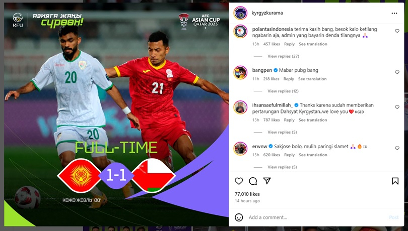 Timnas Lolos 16 Besar, Akun Timnas Kirgistan Diserbu Warganet Indonesia