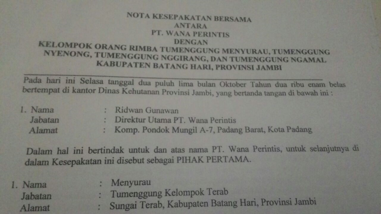 Orang Rimba Batanghari dan PT Wana Perintis Teken Kemitraan Pengelolaan Lahan